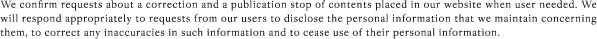 We confirm requests about a correction and a publication stop of contents placed in our website when user needed. We will respond appropriately to requests from our users to disclose the personal information that we maintain concerning them, to correct any inaccuracies in such information and to cease use of their personal information.