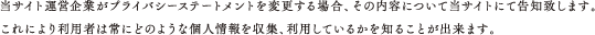 当サイト運営企業がプライバシーステートメントを変更する場合、その内容について当サイトにて告知致します。これにより利用者は常にどのような個人情報を収集、利用しているかを知ることが出来ます。